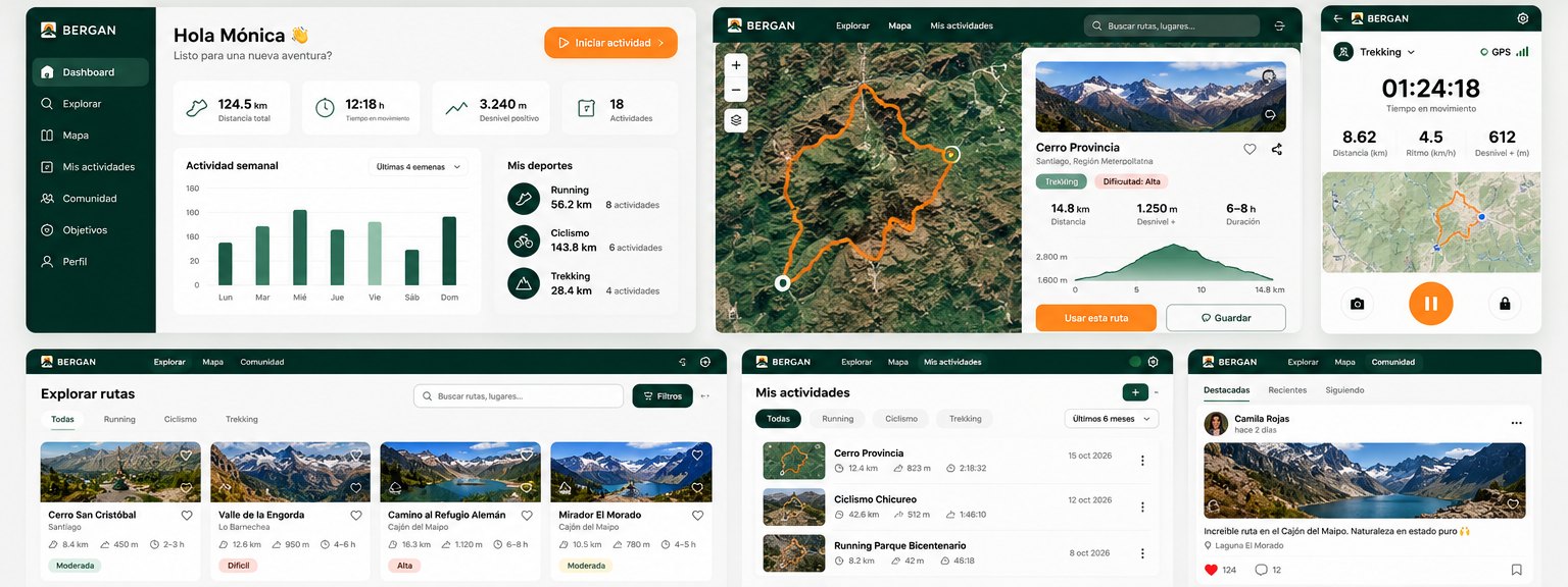 Pantallas de Bergan: resumen, mapa de ruta, registro en vivo e historial